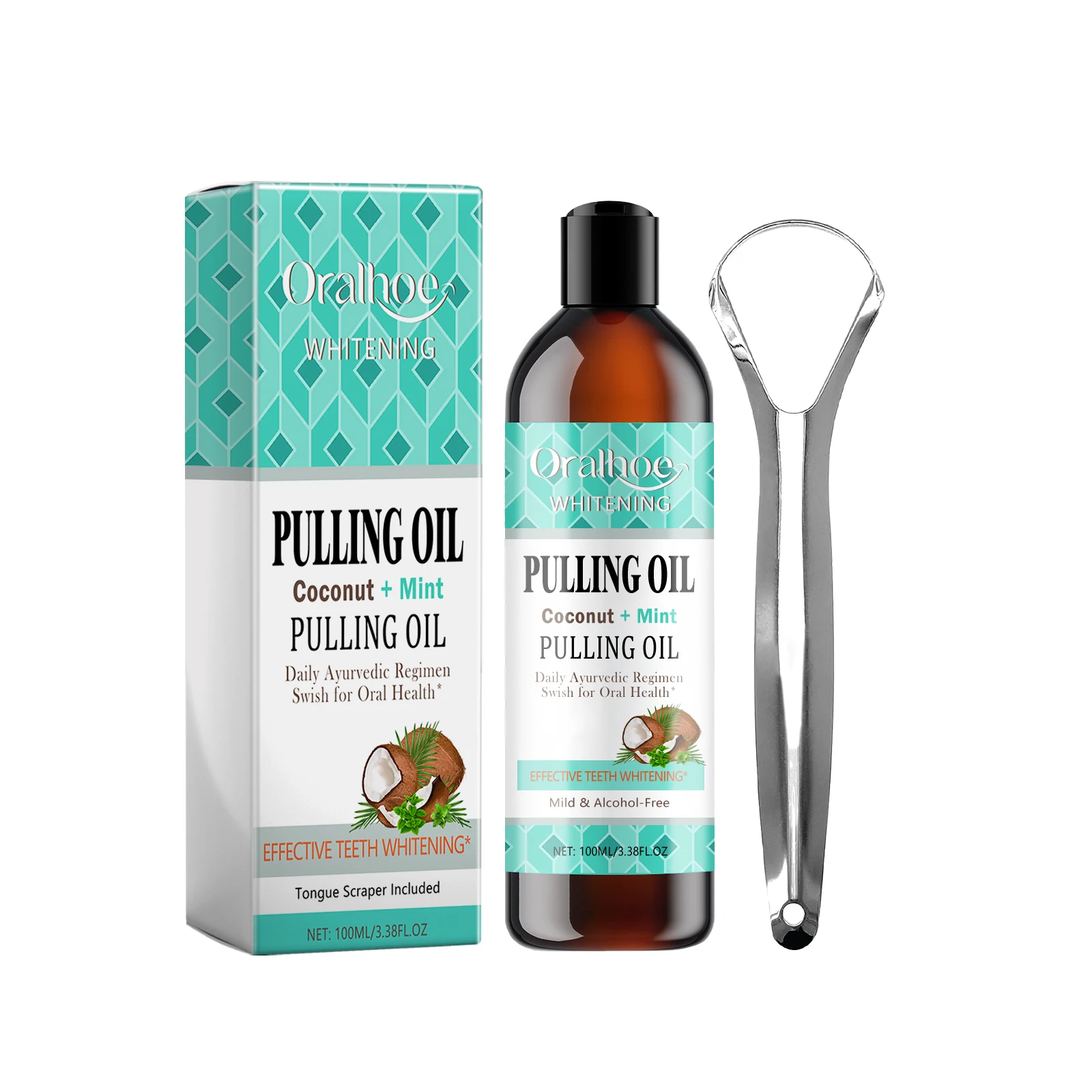 Coconut Mint Pulling Oil Mouthwash Kit With Tongue Scraper Fresh Oral Breath Odor Removal Alcohol-Free Whiten Tool Mouth Care