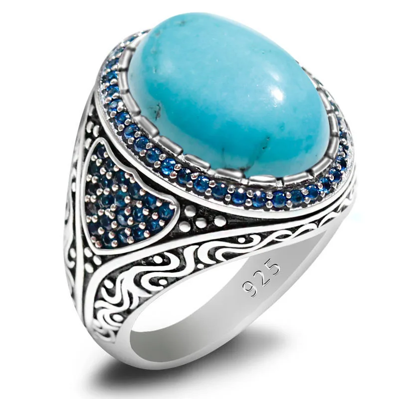 

Vintage Natural Turquoise Türkiye Handmade Men's and Women's Rings Fashion 925 Sterling Silver Anniversary Jewelry Party Gift