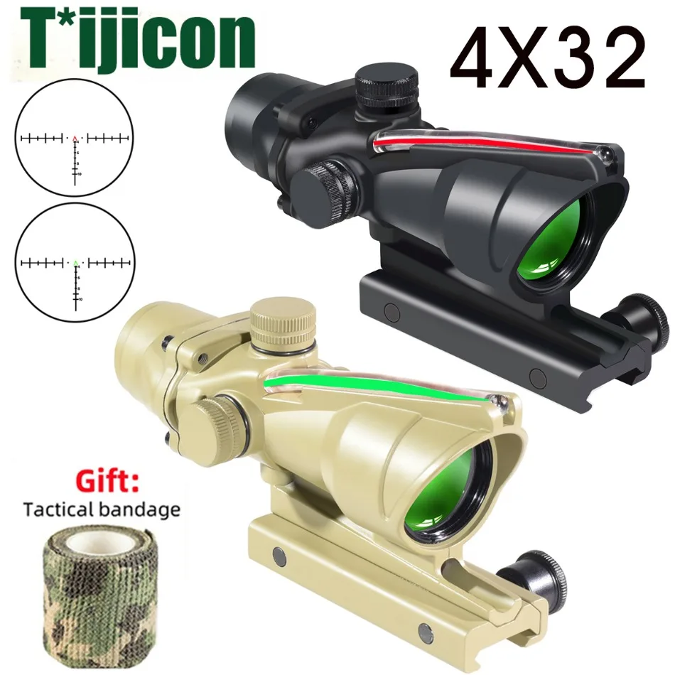 4X32 Hunting Riflescope Real Fiber Optics Grenn Red Dot Illuminated Etched Reticle Tactical Optical Sight Fit 20mm Rail Mount