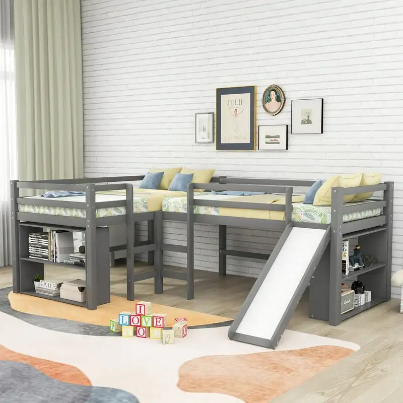

L-Shaped Low Loft Bed with Movable Two-Tier Shelves for Kids, Gray Camping closet Portable closet wardrobe Muebles para habitaci