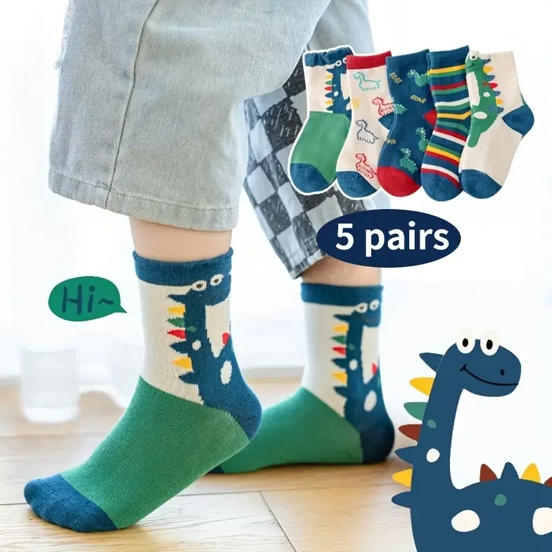 

5Pairs Boys Casual Dino Pattern Print Knit Socks, Breathable Comfy Crew Socks for Summer and Spring Kids Children's Accessories