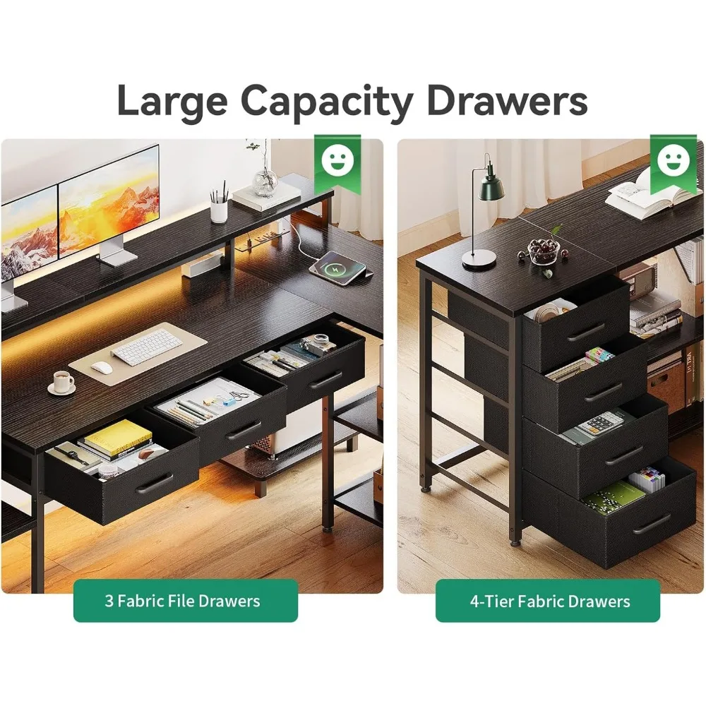 79" L Shaped Desk with 7 File Drawers, 2 Power Outlets & Monitor Shelf, Storage Shelves, LED Light, Black, Computer Desk 5