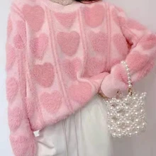 Insozkdg Pink Sweater Women Autumn Winter Oversized 2022 Pullover Faux Mink Cashmere Loose Sweet Heart Print Women Harajuku Top