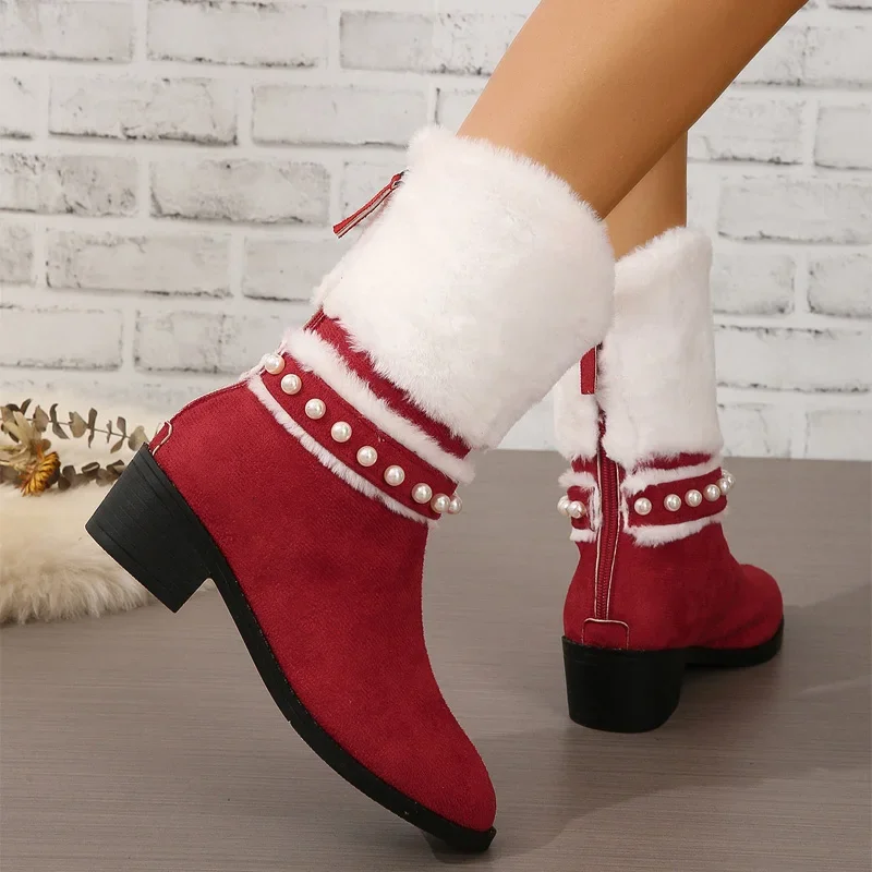 Women's Christmas Mid-calf Boots Fashion Pointed Low Heel Pearl Women's Boots Simple Comfortable Winter Shoes