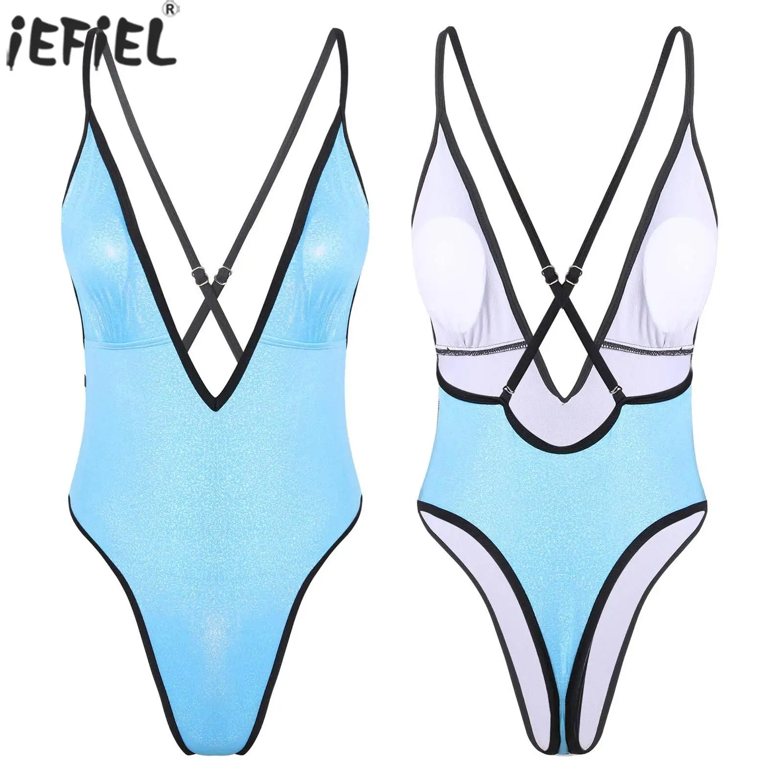 

Womens Shiny Deep V Neck Bodysuit High Cut Monokini One-Piece Swimsuit Cross Back Adjustable Straps Leotard Swimwear Bodysuit