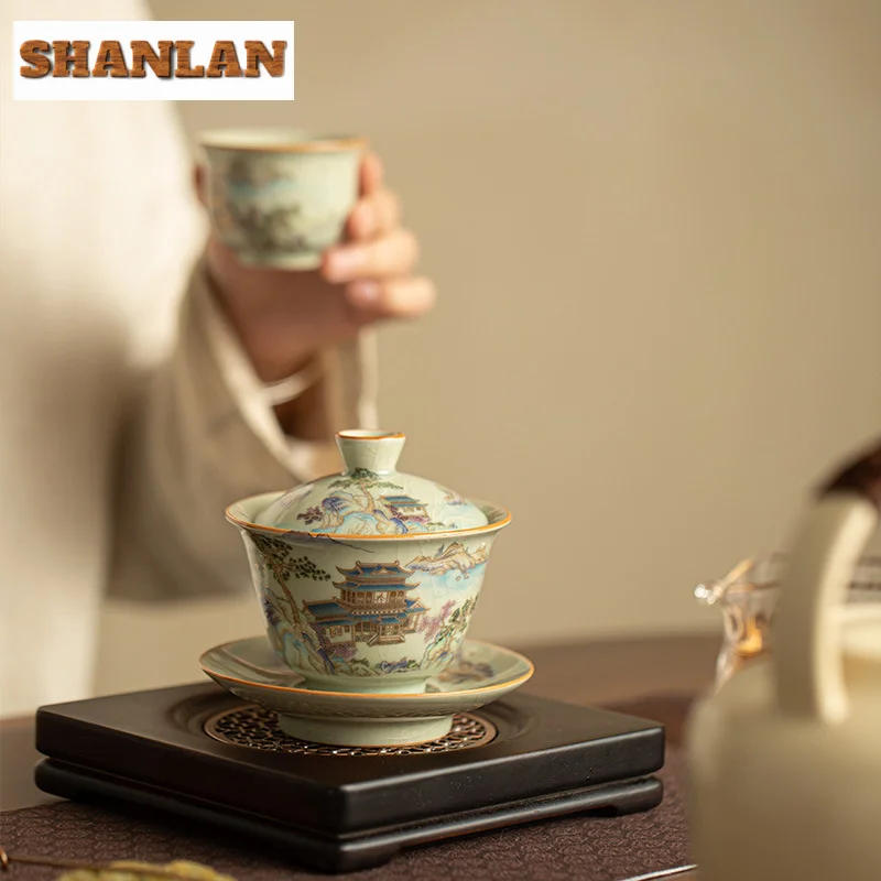 Retro Ru Kiln Sancai Cover Bowl Gold Painting Landscape Teapot Tea Maker Kettle Tea Cup Dahongpao Ceremony Accessories Craft