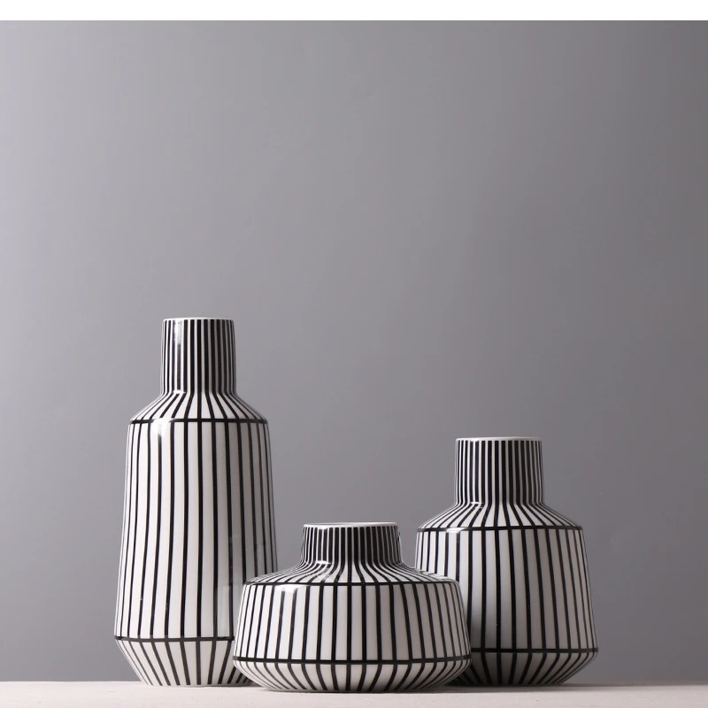 

Керамическая ваза в черно-белую полоску, современные аксессуары для сухих цветов, домашний декор для гостиной, ваза с геометрическими линиями