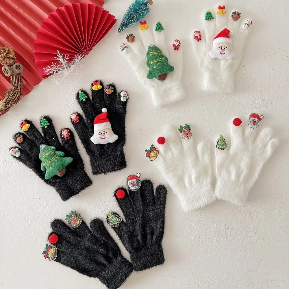 Cute Cartoon Christmas Gloves Thicken Knitted Five Finger Gloves Snowman Pattern Funny Gloves New Year