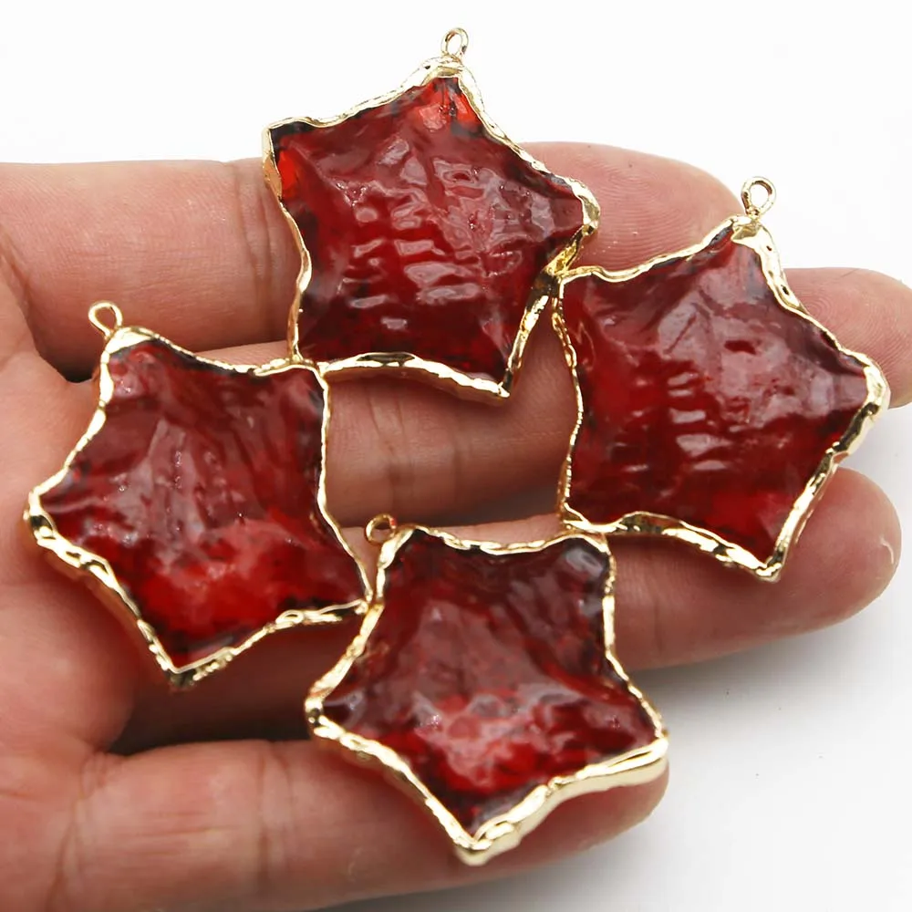 Natural Raw Ore Red Crystal Five Pointed Star Gold Eedged Necklace Pendant Mineral Healing DIY Jewelry Accessories Wholesale 8Pc