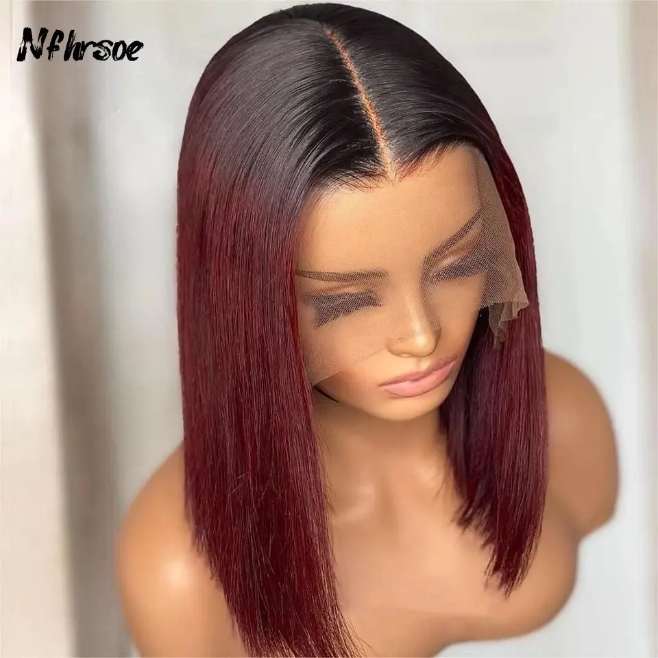 

Wine Red Ombre Lace Front Short Bob Human Hair Wig 99J Colored Brazilian Straight Short Bob Wig Burgundy Lace Frontal Wigs