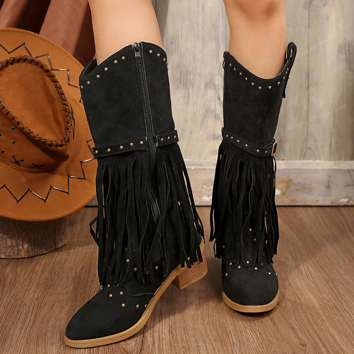Aphixta Blue Fringe Dec Pointed Toe Knee Boots Women Winter Autumn Shoes Side Zip Med Heels Women Boots Big Size 43