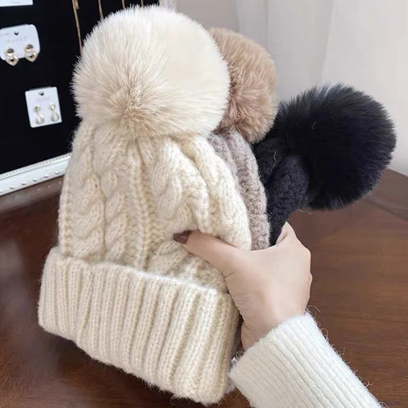 

Winter Female Plush Knitted Beanies Hat Fur Pom Thicken Fleece-lined for Women Girl's Warm Hats Outdoor Woolen Thermal Gorro Cap