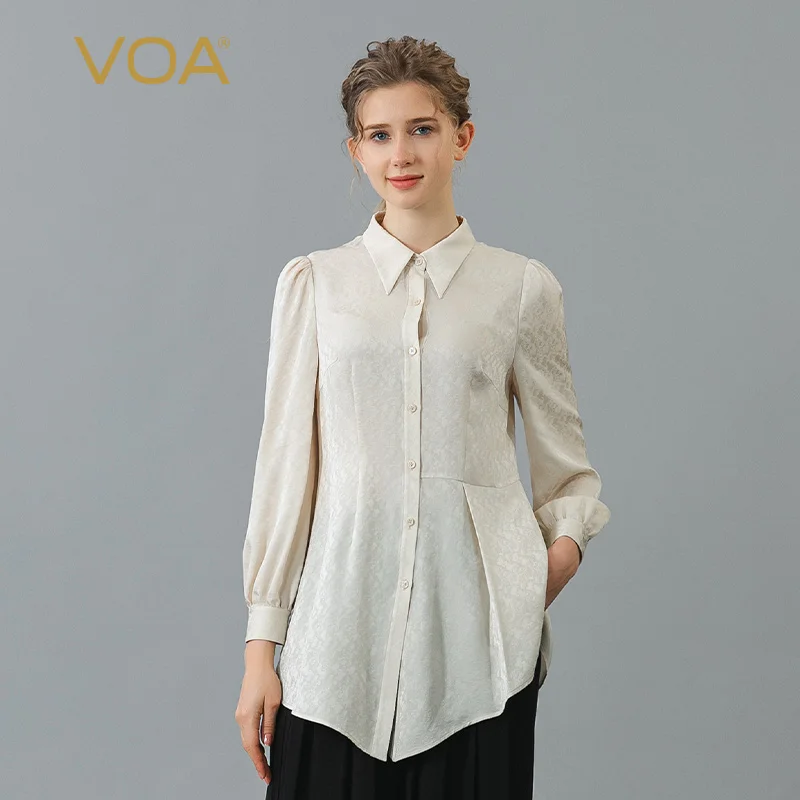 

Jacquard Pure Silk Polo Collar Womens Tops Long Sleeves High Quality Blouse Elegant Asymmetric Loose-leaf Loose Shirt BE1161