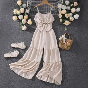 2025 Kids Girl Apricot Jumpsuit Children Romper Summer Sling Solid Casual Vacation Cute Teen Girl Clothing Set 7 8 9 10 11 Yrs 1