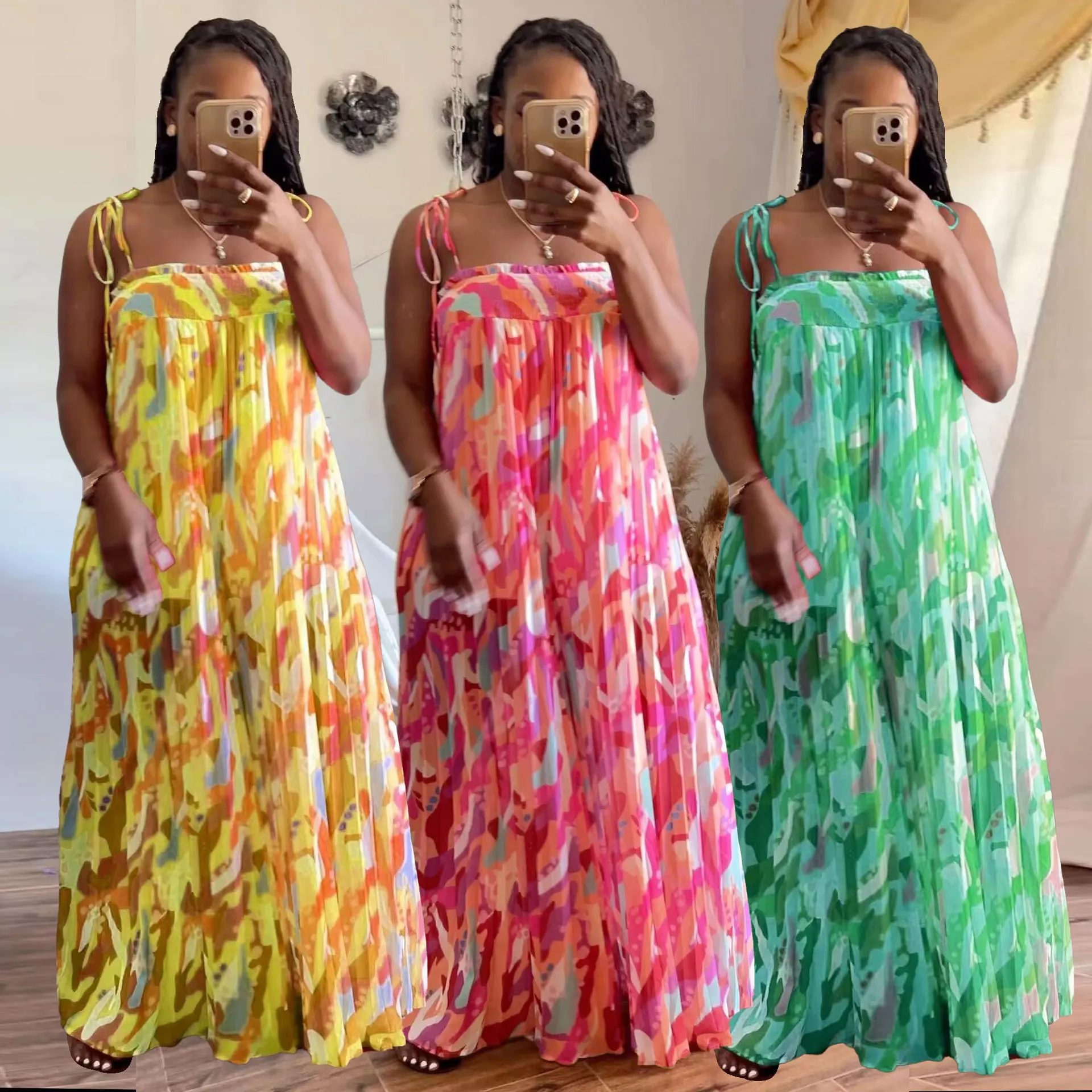 

AOSKM2023 New Summer S10478 Europe And The United States Sexy Print Sling Pressure Pleated Broad Leg Sling Lady, Jumpsuit