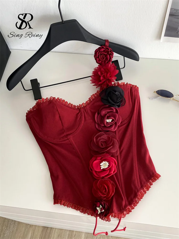 SINGREINY ثلاثية الأبعاد الأزهار حفلة تانك القمم حزام الإناث الكشكشة تقسم الدانتيل يصل سليم الملابس الداخلية أعلى مشد عالي الجودة مثير بروتيل