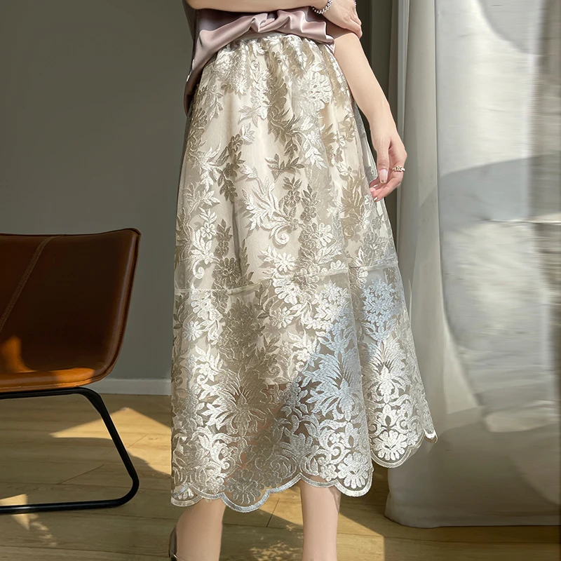 Fashionable Elegant Half Skirt Women's Lace Hollowed Out Long Skirt 2024 Summer New Elastic High Waisted Versatile A-line Skirts