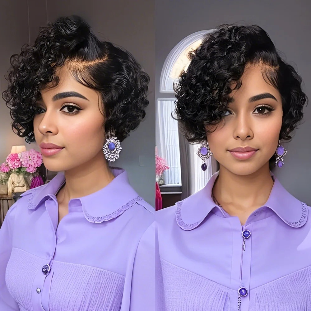  Short Pixie Cut Deep Curly Bob 13x4X1 T Part Lace Front Human Hair Wigs For Women Brazilian Remy Hair Wigs 3