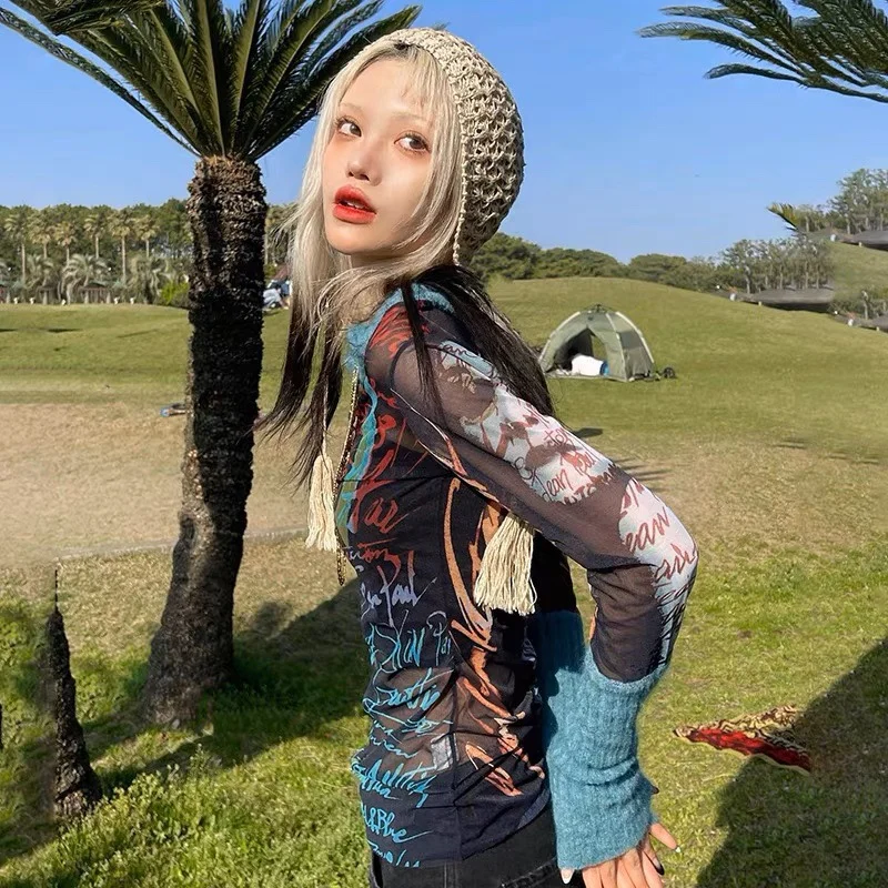 ibuya Spicy Girl Y2K Me Splice Knitted Slim Fit Long Sve Top Base Layer Autumn Winter plus Size Cultural Subup