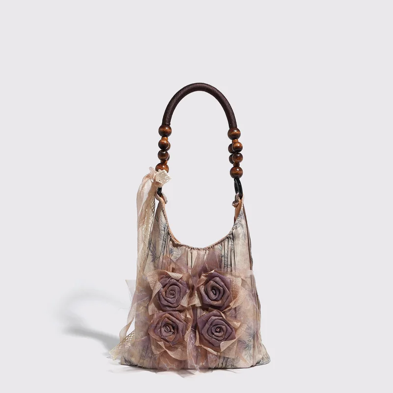 Vintage Chinese Style Botanical Tie Dye Rose Flower Fold Shoulder Tote Bag for Commute Handbag