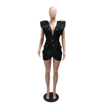 Deep V Neck Back Open Sexy Bodycon Rhinestone Women Party Dress Flying Sleeve ruched Irregular Mini Night Club Dress Black White 5