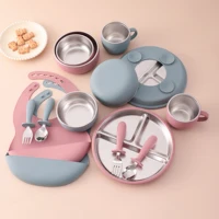 7PCS Food Grade Silicone Feeding Set Sucker Dishes Bowl Leakproof Bib Stainless Steel Utensils Toddler Cup Baby Newborn Items