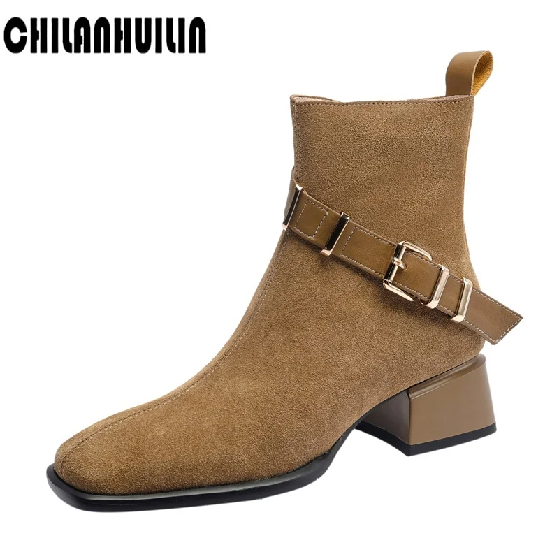 

autumn winter classic chelsea boots for woman cow suede square toe wedge high heel ankle boots retro comfortable cowboy boots