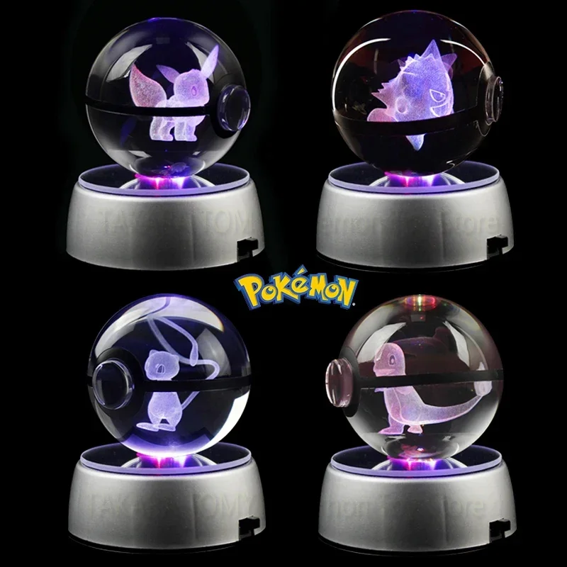 

NEW Anime Pokemon Gengar 3D Crystal Ball Pikachu Figure Pokeball Eevee Charizard Model with Led Light Base Toys Christmas Gift