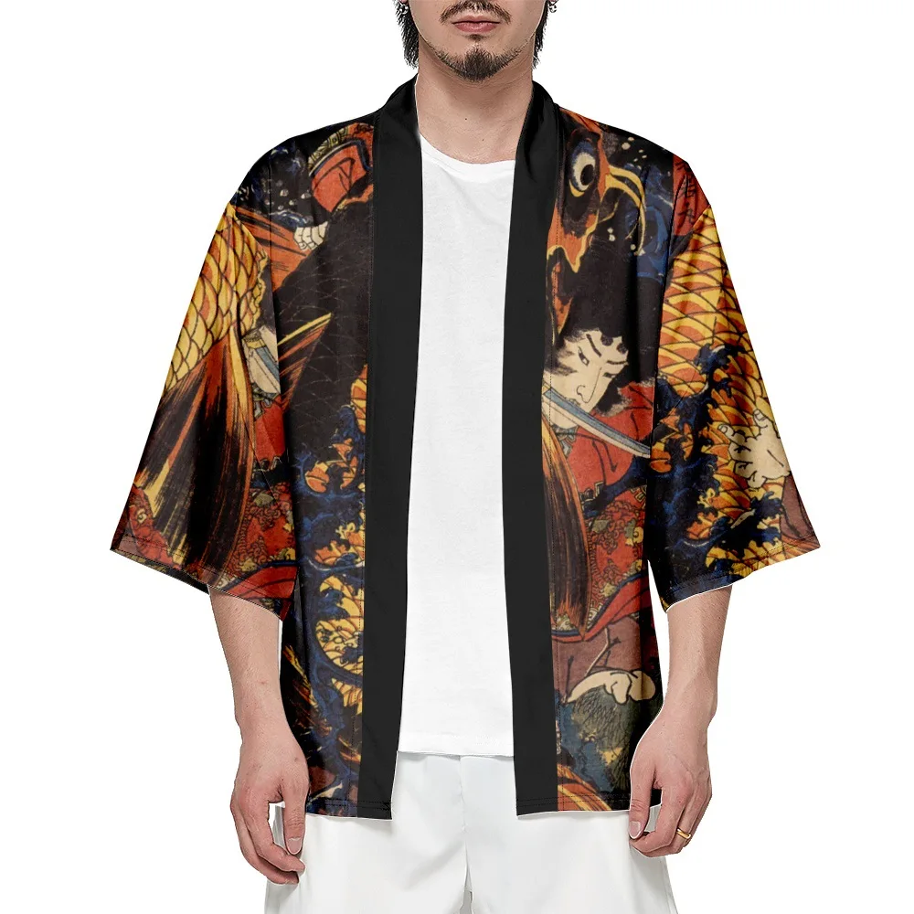 Japanese Ukiyo-e Waves Print Cardigan Kimono Beach Women Men Cosplay Haori Yukata Traditional Asian Shirts Clothing