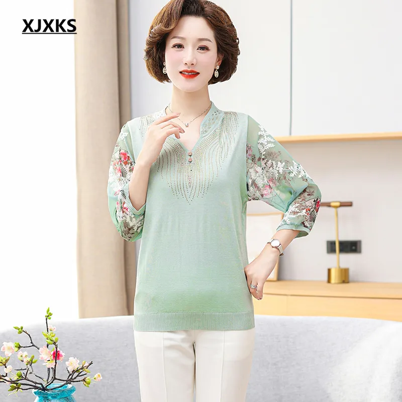 

XJXKS 2022 Summer New Loose Plus Size Women's Three-quarter Sleeve T-shirt High Quality Knitted Stitching Top