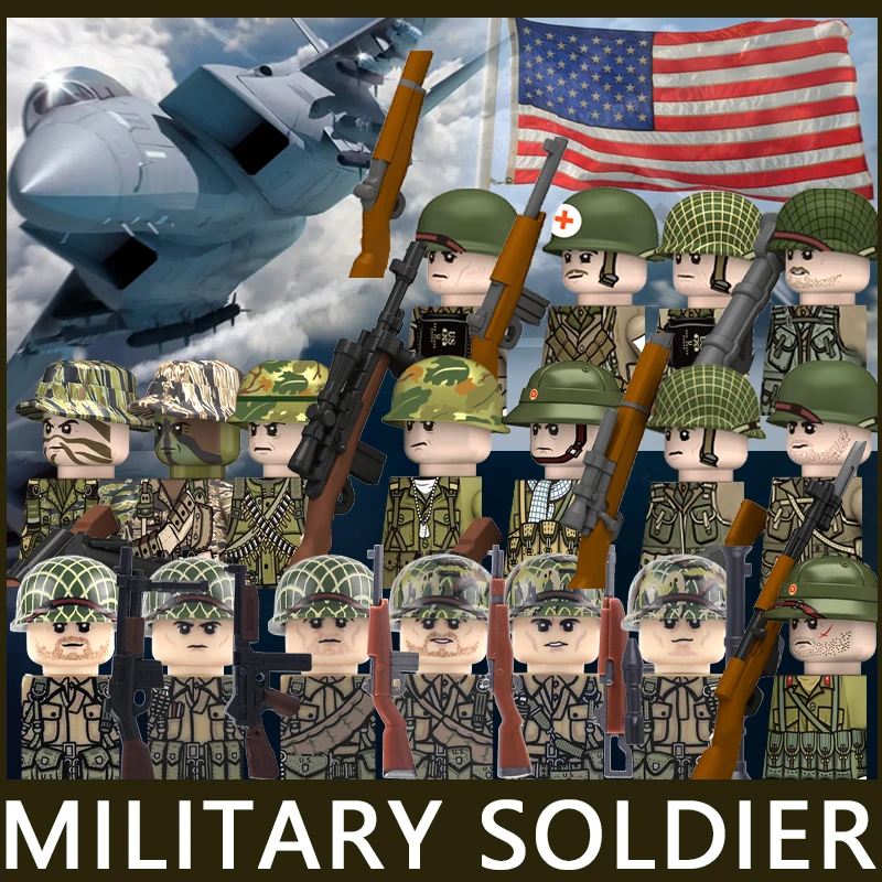WW2 Militär US Cavaleiros Soldat Figuren Bausteine Infanterie Medizinische Krieger Zubehör Pistolen Armee Ziegel Spielzeug Geschenke Jungen