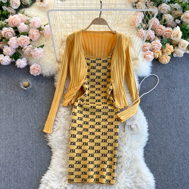 2Pcs Knitted Cardigan Coat Plaid Vintage Houndstooth Ladies Knit Dress 2021 Long Sleeve Sweater Warm Slim Dresses Vestidos Sets dvotinst women photography props maternity midi knit dresses pregnancy elegant dress cardigans 2pcs studio photoshoots clothes