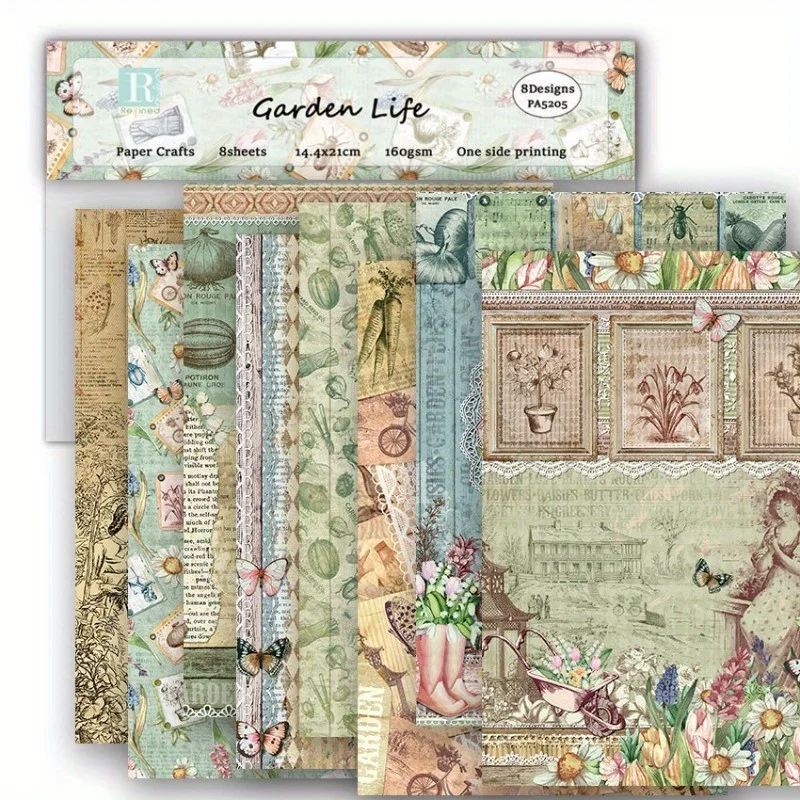 8pcs Scrapbook Paper Pad Assorted Pattern Decoupage Cardstock Paper Single-Sided Vintage Scrapbooking DIY Cardmaking Supplies - 4