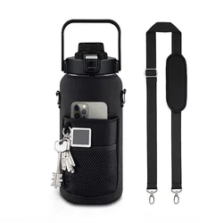 Motivational 64oz Half Gallon Water Bottle with Sleeve and Straw (Black - 2L)