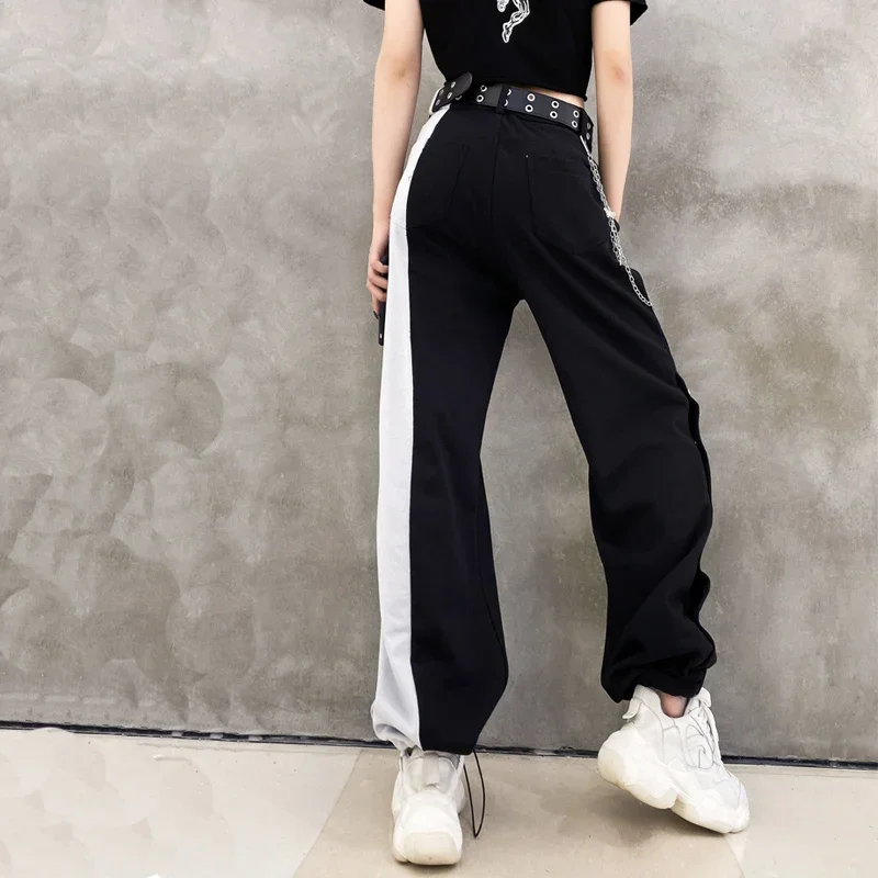 Women Elastic Waist Wide Leg Korean High Street Pants 2024 New Fashion Contrast Cargo Pants Female Plus Size Trousers Popular