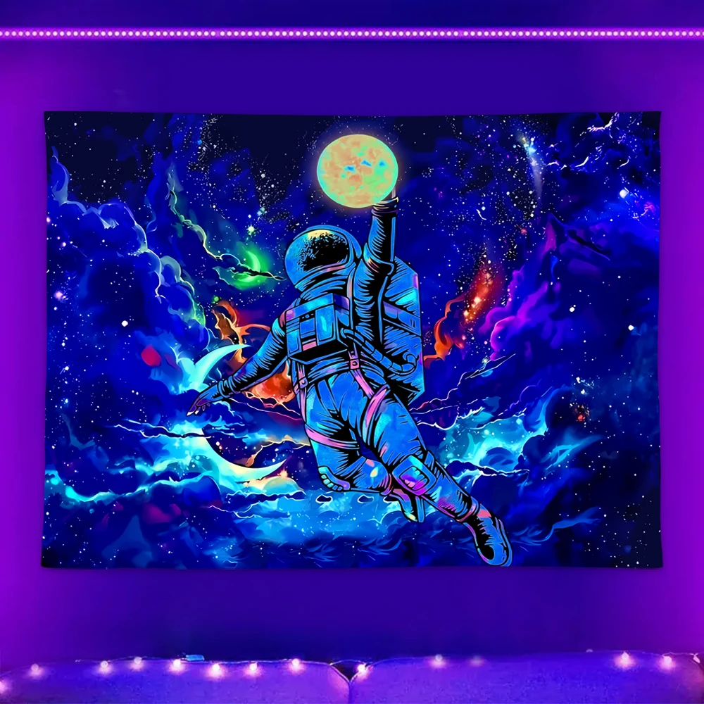 Tapestry decorations 1pc Astronaut space fluorescent tapestry, UV black light space alien tapestry, cool galaxy starry sky hanging