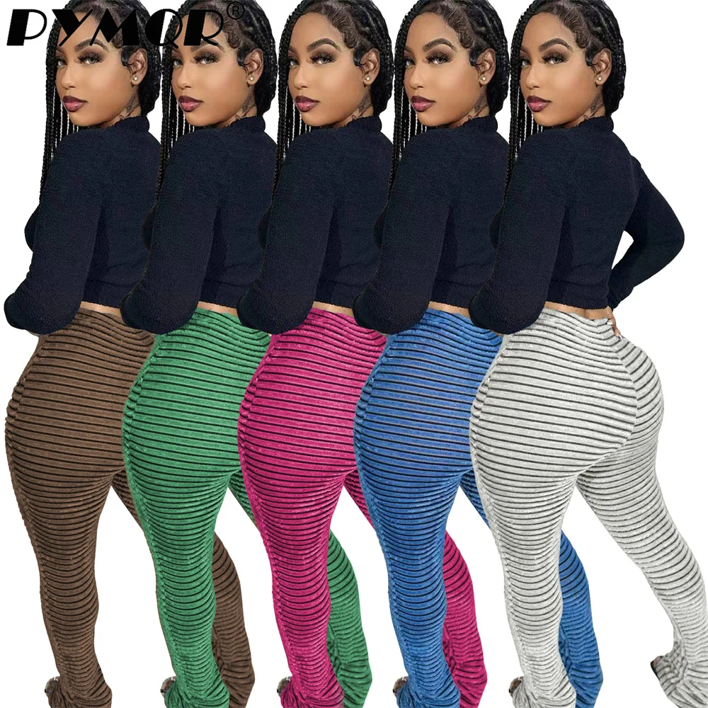 PYMQR New Fur Texture Elastic Slim Fitting Stacked Pants Women 2023 Winter Vintage Y2K Bodycon Sports Jogger Streetwear Trousers