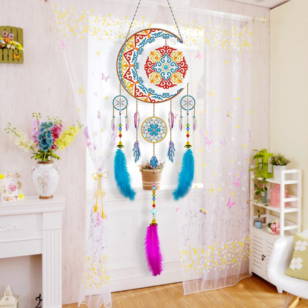 Exquisite Feather Dream Catcher Wind Chime DIY Diamond Painting 5d Shaped Diamond Embroidery Tassel Window Wall Decor Decor Gift