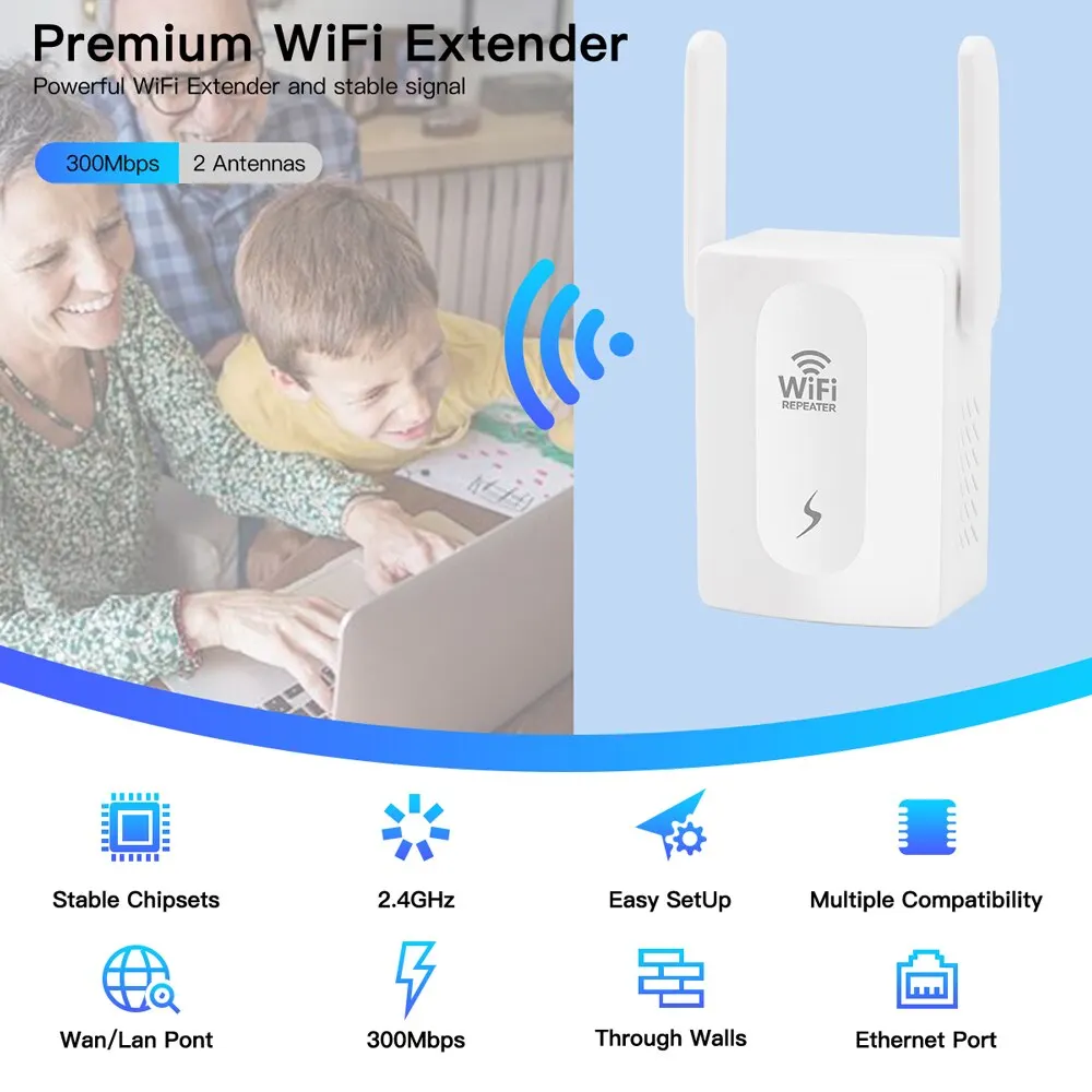 High-Speed WiFi Repeater and Wireless Network Extender - Enhanced Coverage with Easy Setup (EU/US Plug)
