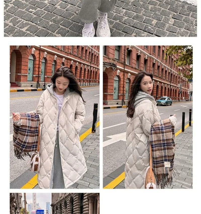 2025 Autumn Winter New Down Cotton Jacket Women's Long Over Knee Loose Jacket Diamond Grid Quilted Jacket Fake Two-Piece Parka
