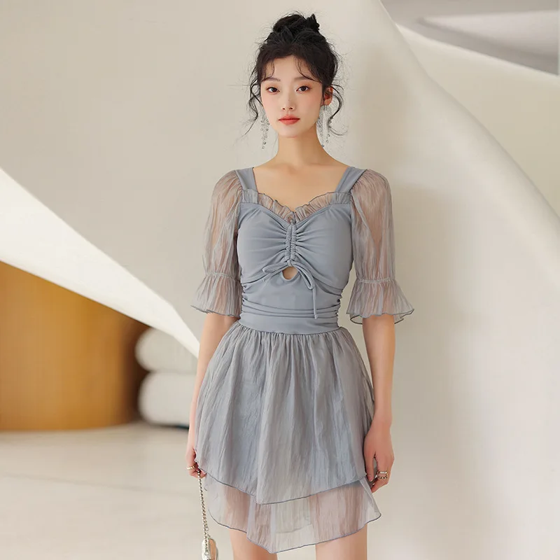 

Korean 2023 New Skirt Style One-piece Swimsuit Women's Conservative Large Size Belly Covering Thin Hot Spring Swimming Suit