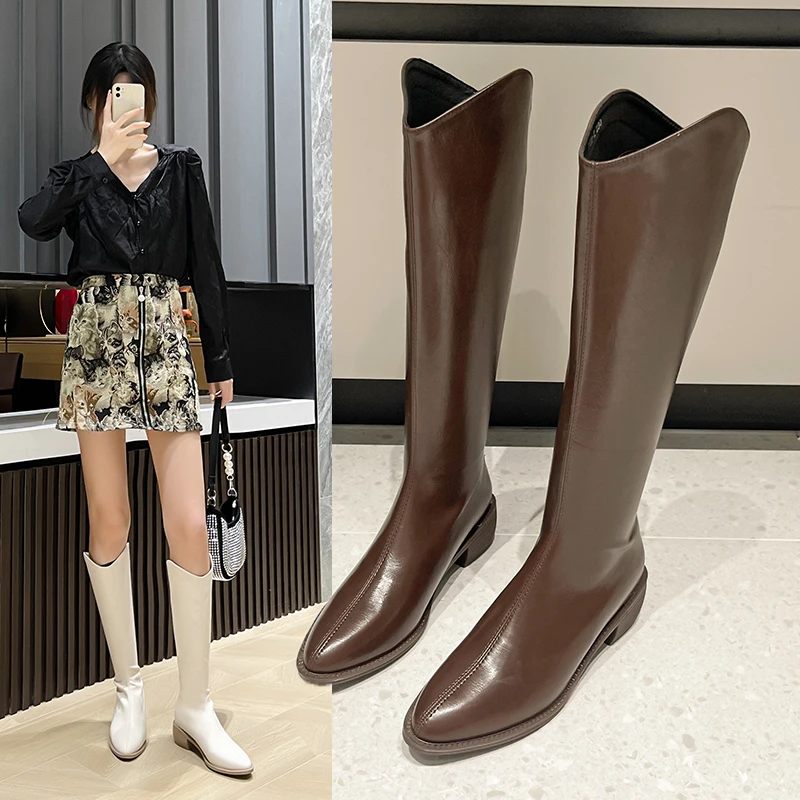 

New Flashion Women Cowboy Boots Pointed Toe Shoes Leather Knee High Chunky Square Heel Rubber Zapatos Mujer Long Boots