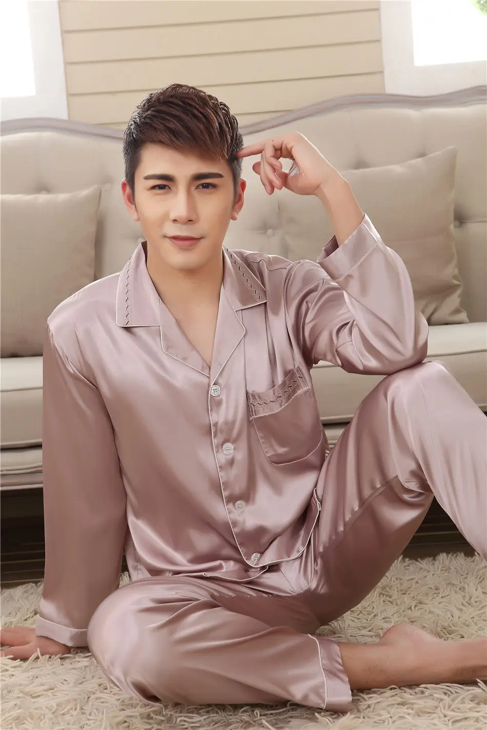 Spring Summer Grey Pink Silk Lovers Set Fashion Lounge Long-sleeve Sleepwear Pajamas Women Satin Nightgown