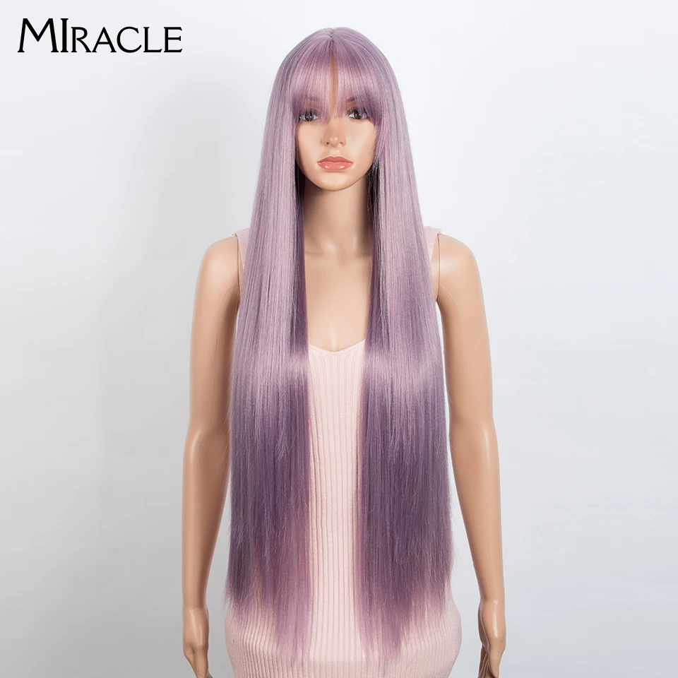 

MIRACLE Synthetic Lace Wigs For Black Women Long Straight Wig With Bangs Green Pink Ombre Wig Heat Resistant Fiber Cosplay Wigs