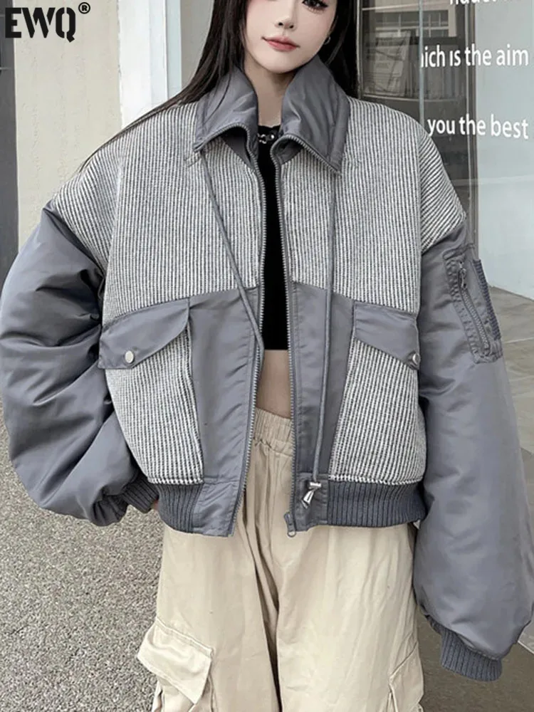 

[EWQ] Contrast Color Drawstring Patchwork Stripe Warm Cotton Padded Jacket Women's Versatile Casual Coat 2023 Autumn Winter 6715