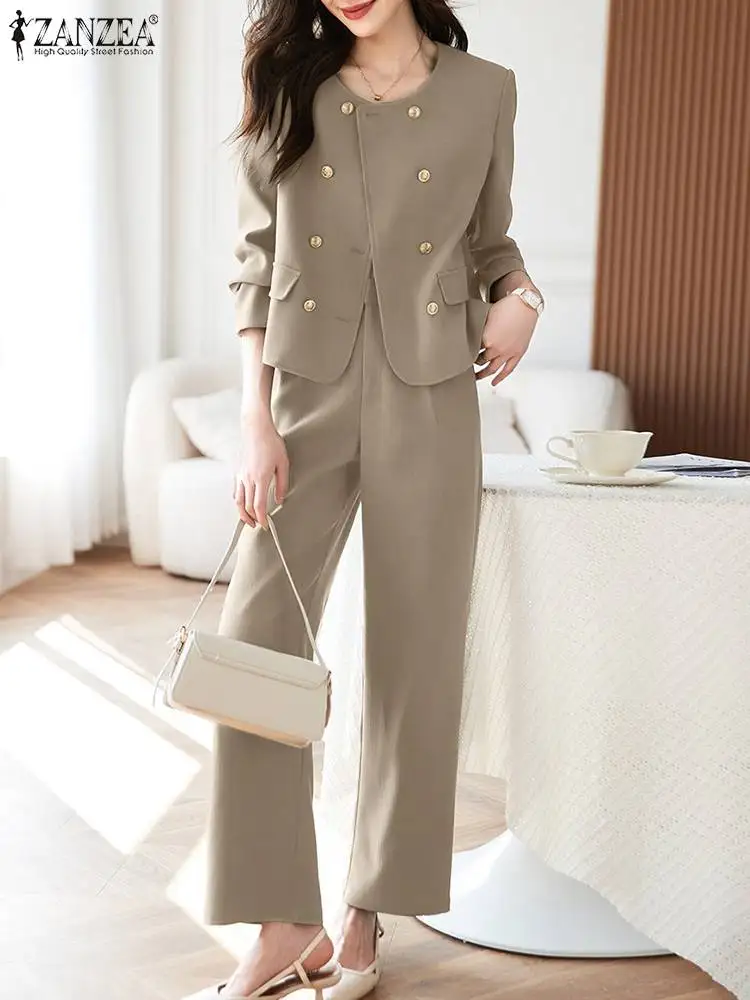 

ZANZEA Fashion Blazer Matching Sets Elegant Women Work Suit Solid Long Sleeve Suits Wide Leg Pants Sets Autumn Urban Tracksuits