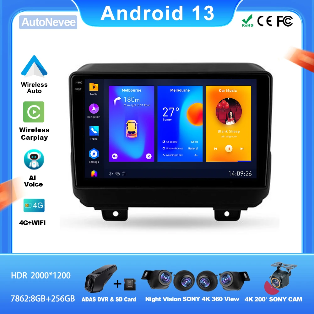 

Android For Jeep Wrangler 4 JL 2018 - 2019 Car Video Carplay Nevigation WiFi Radio Auto NO 2din DVD Stereo Head Unit Dash Cam BT