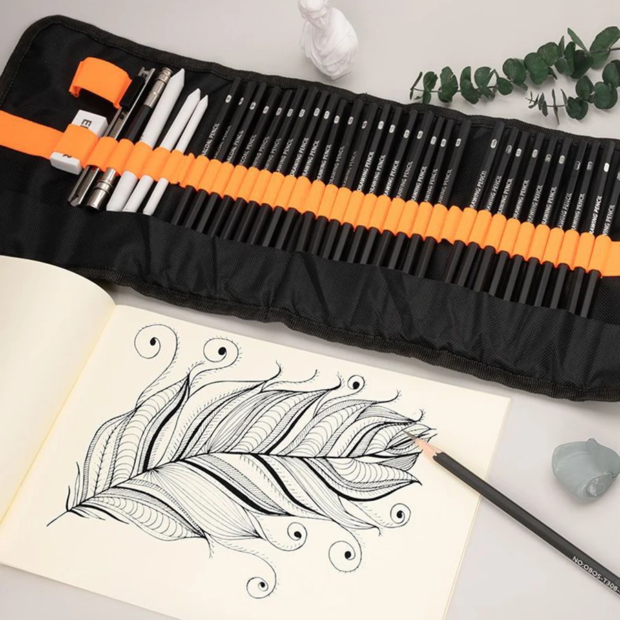 Sketching Pencil Set 27/38/48pcs Sketch Pencils Set Sketching Kit Roll Up Canvas Wrap Bag Drawing Art Supplies Charcoals Kneaded Eraser Pencil Case