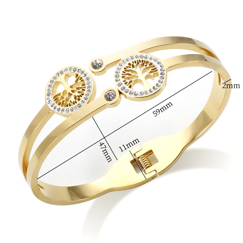 Trend Life Tree Charm Bracelets for Women Stainless Steel Hollow Crystal Bangles Luxury Gift Cubic Zirconia Tree Jewelry