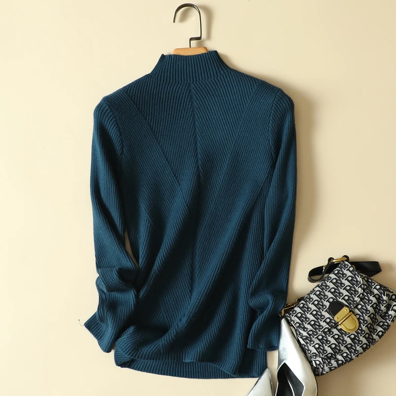 

Mock Neck Knitted Women Sweater Pullovers Autumn Winter New 2022 Solid Elastic Elegant Office Lady Pulls Outwear Tops